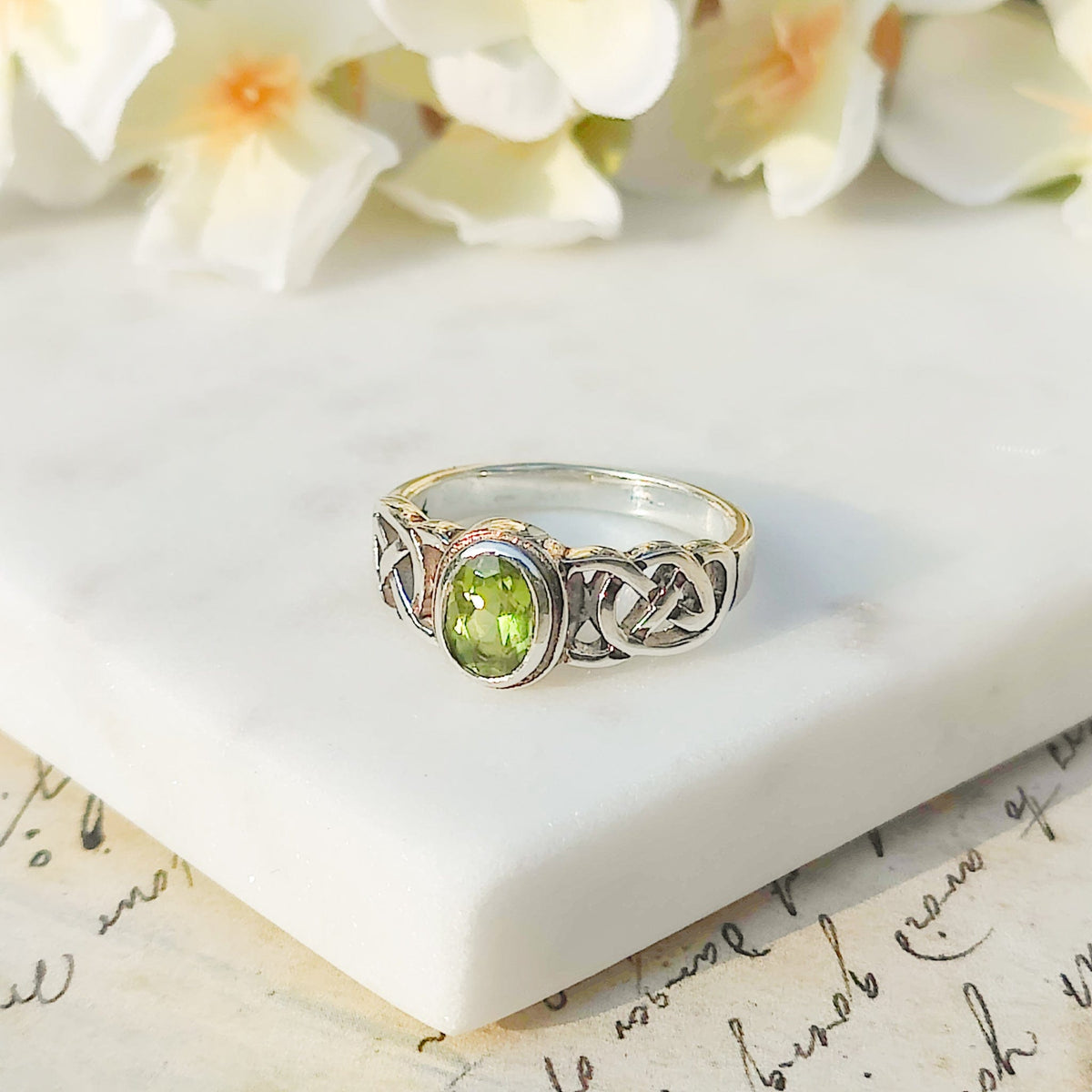 Peridot Gemstone Ring | Celtic Band | August Birthstone | Sterling Silver