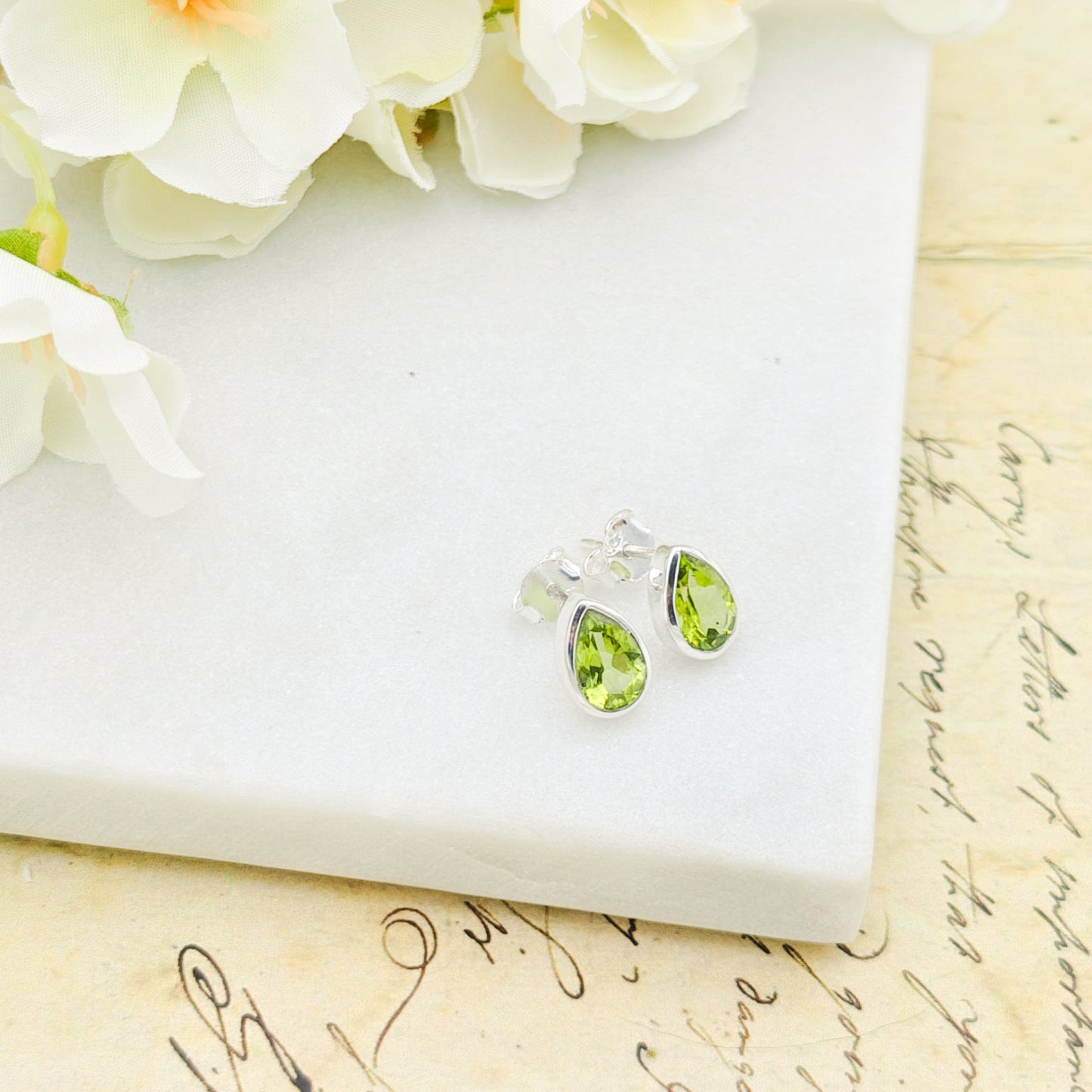 Peridot Stud Earrings | Pear | 16th Anniversary gift | Sterling Silver