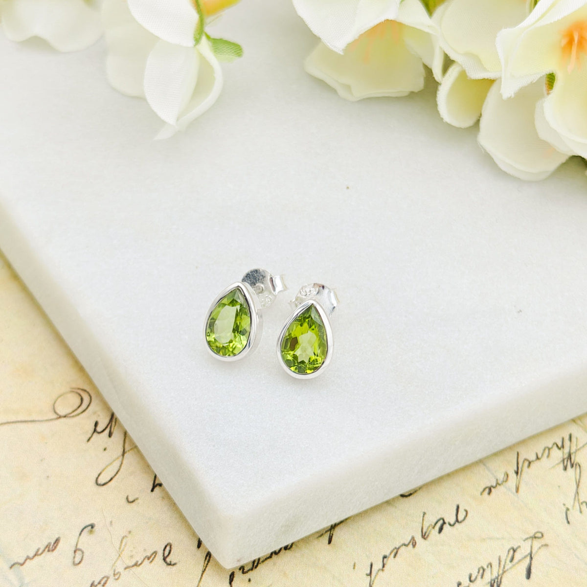 Peridot Stud Earrings | Pear | 16th Anniversary gift | Sterling Silver