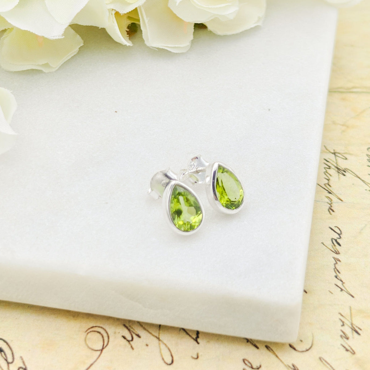 Peridot Stud Earrings | Pear | 16th Anniversary gift | Sterling Silver