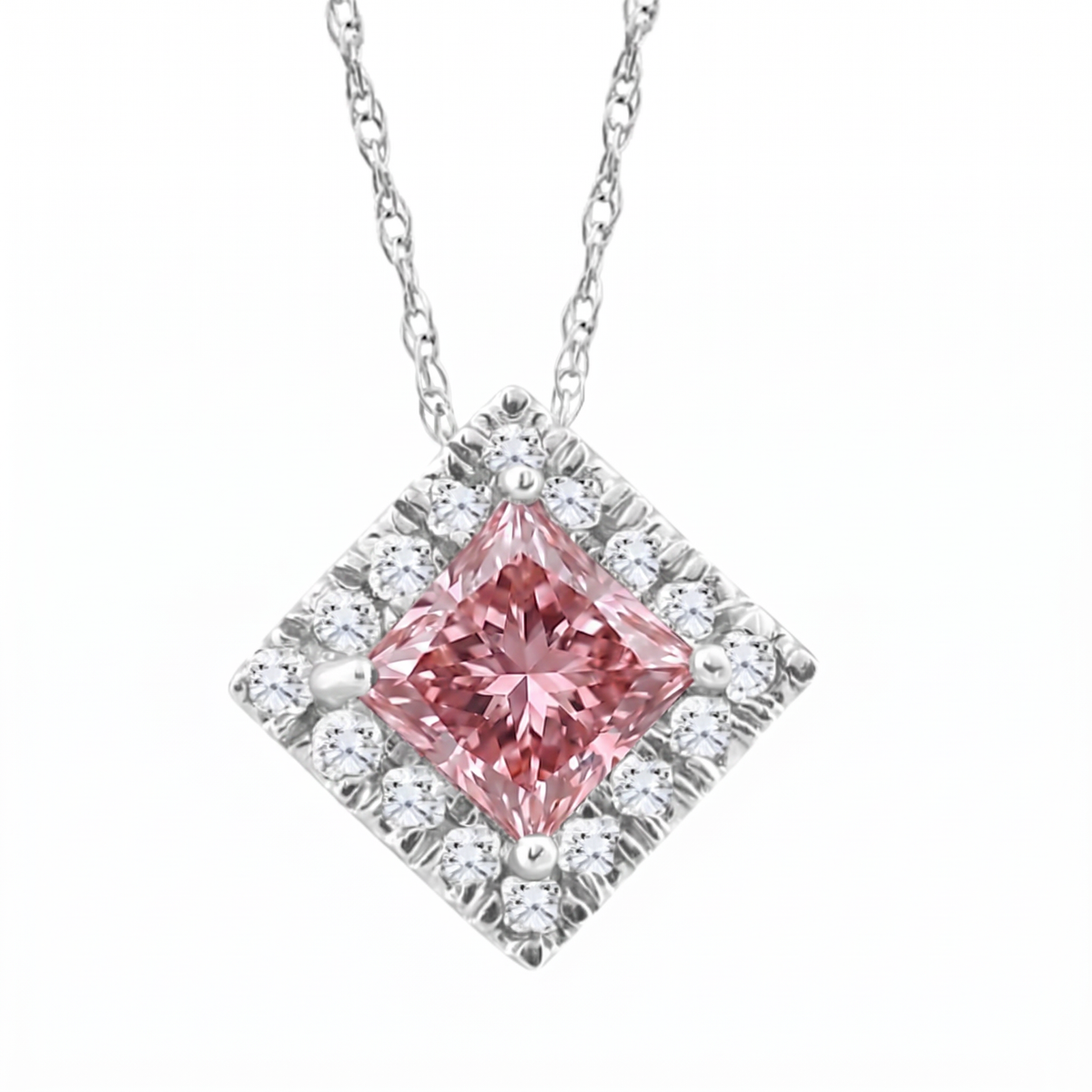Certified 1.60Ct Princess Pink Diamond Lab Grown Pendant White Gold 18" Necklace