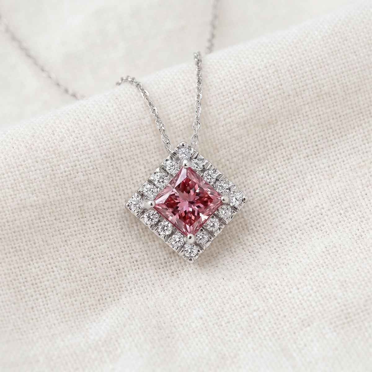 Certified 1.60Ct Princess Pink Diamond Lab Grown Pendant White Gold 18" Necklace