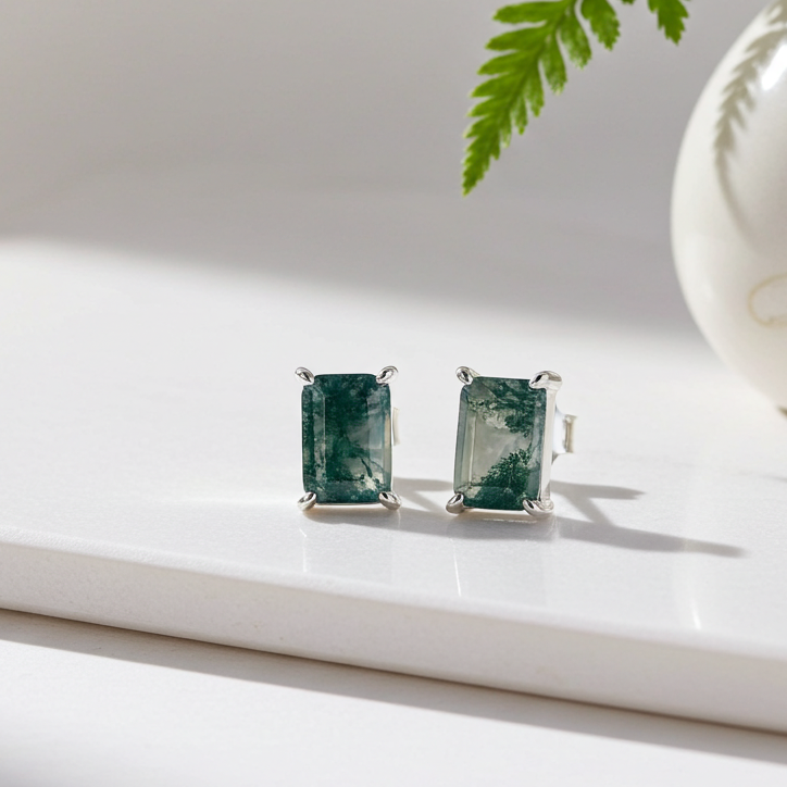 Mossgrove - Emerald Cut Moss Agate Solitaire Classic Stud Earrings
