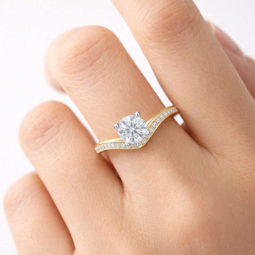 Round Cut Lab Grown Diamond Chevron Engagement Ring in 14K Yellow Gold