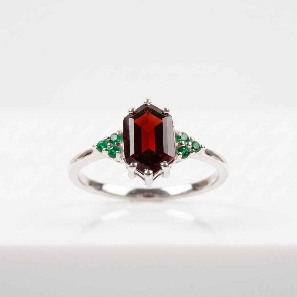Hexagon Cut Red Garnet Gemstone Cluster Ring