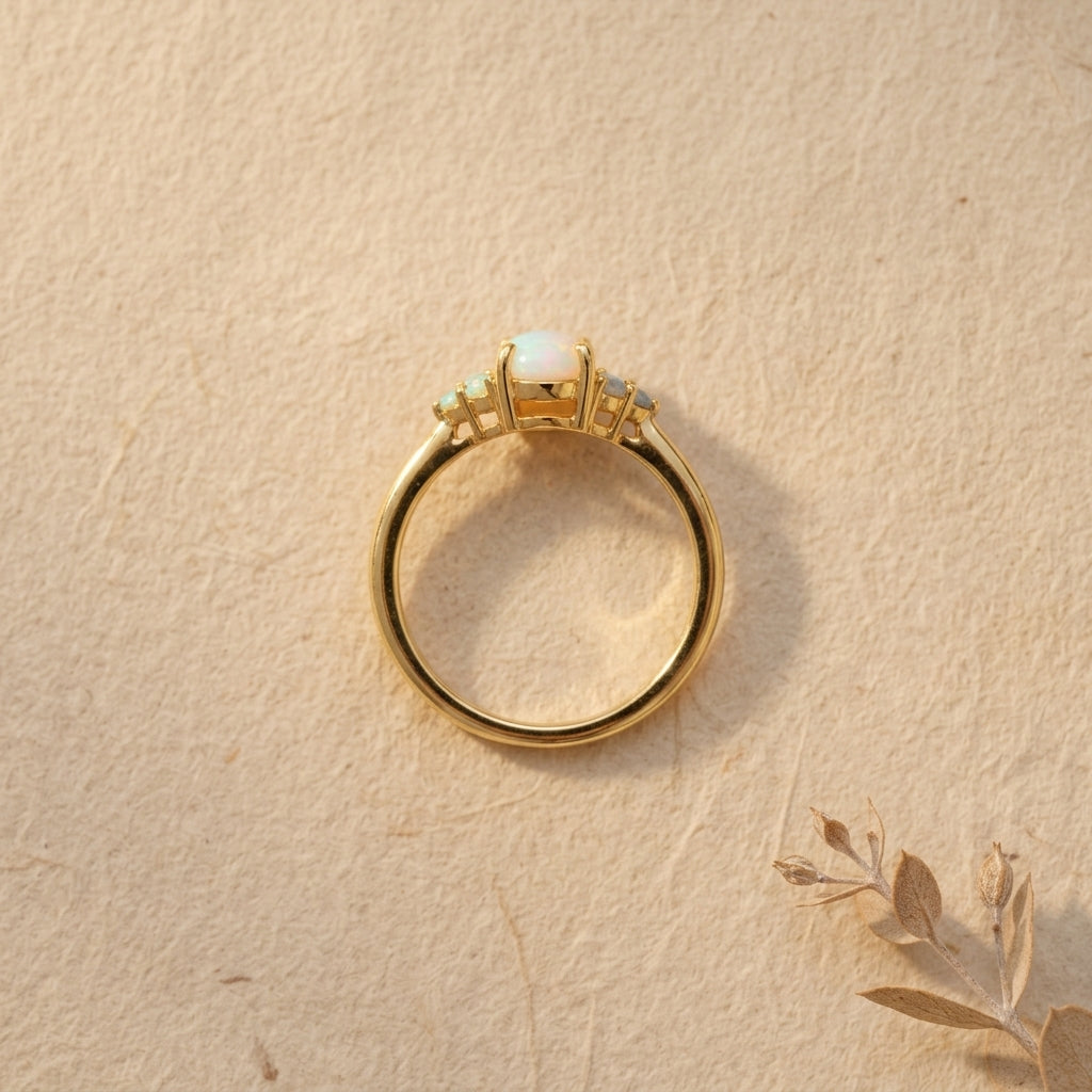 White Opal Oval Cut Engagement Ring October Birthstone