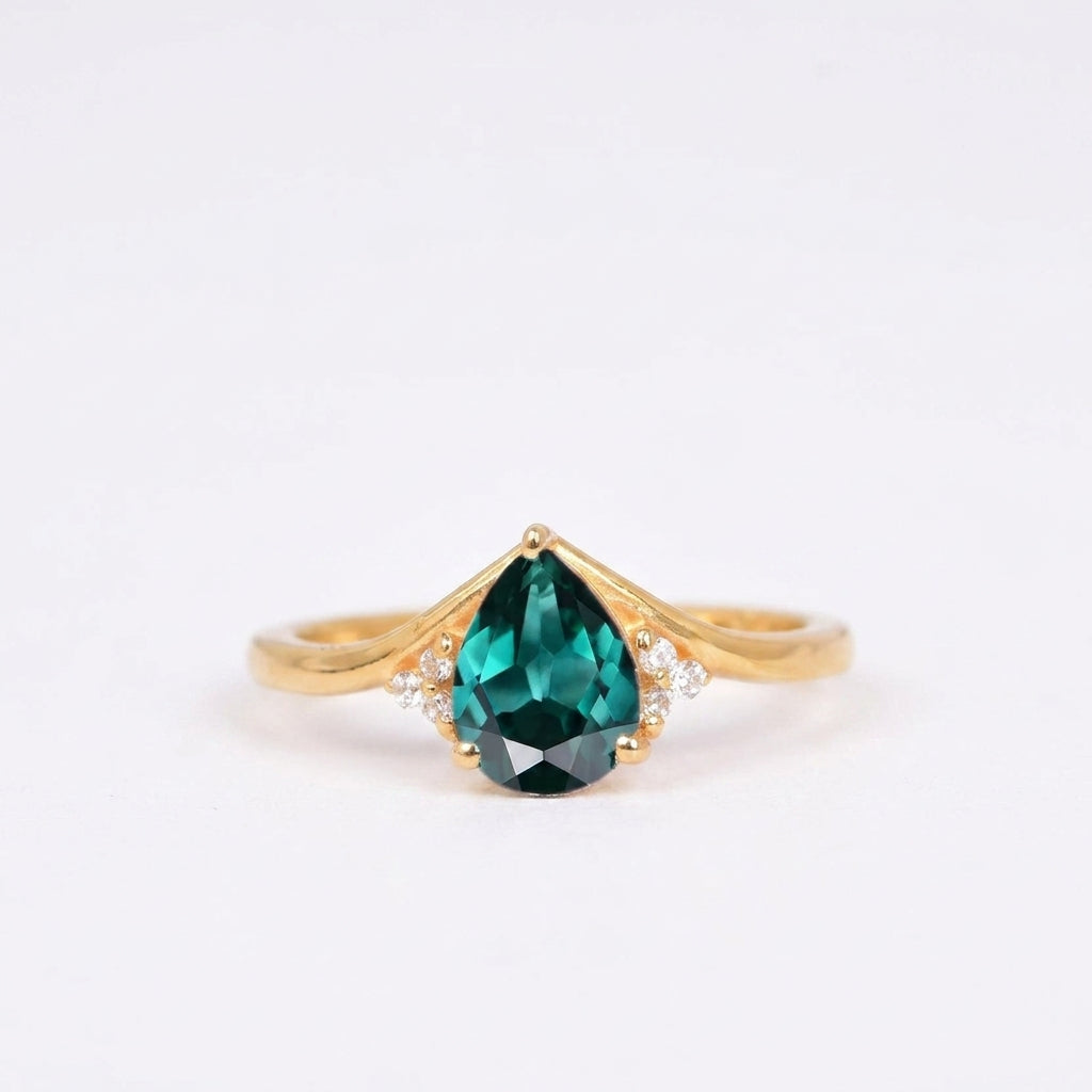 Green Emerald & Diamond Engagement Ring