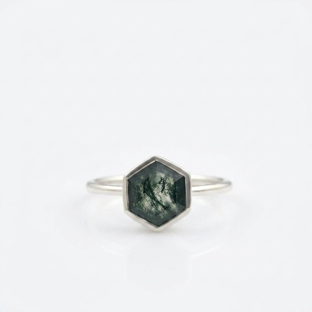 Hexagon Cut Moss Agate Bezel Set Engagement Ring