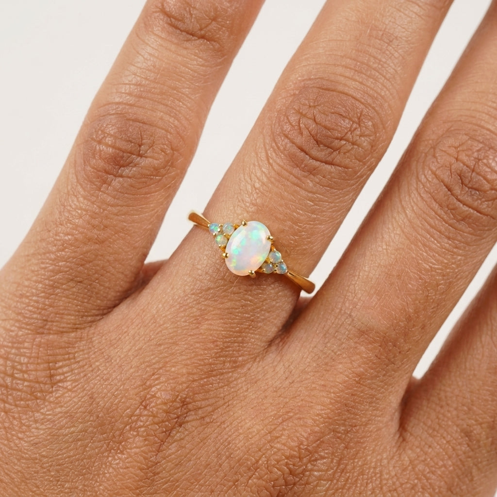 White Opal Oval Cut Engagement Ring October Birthstone