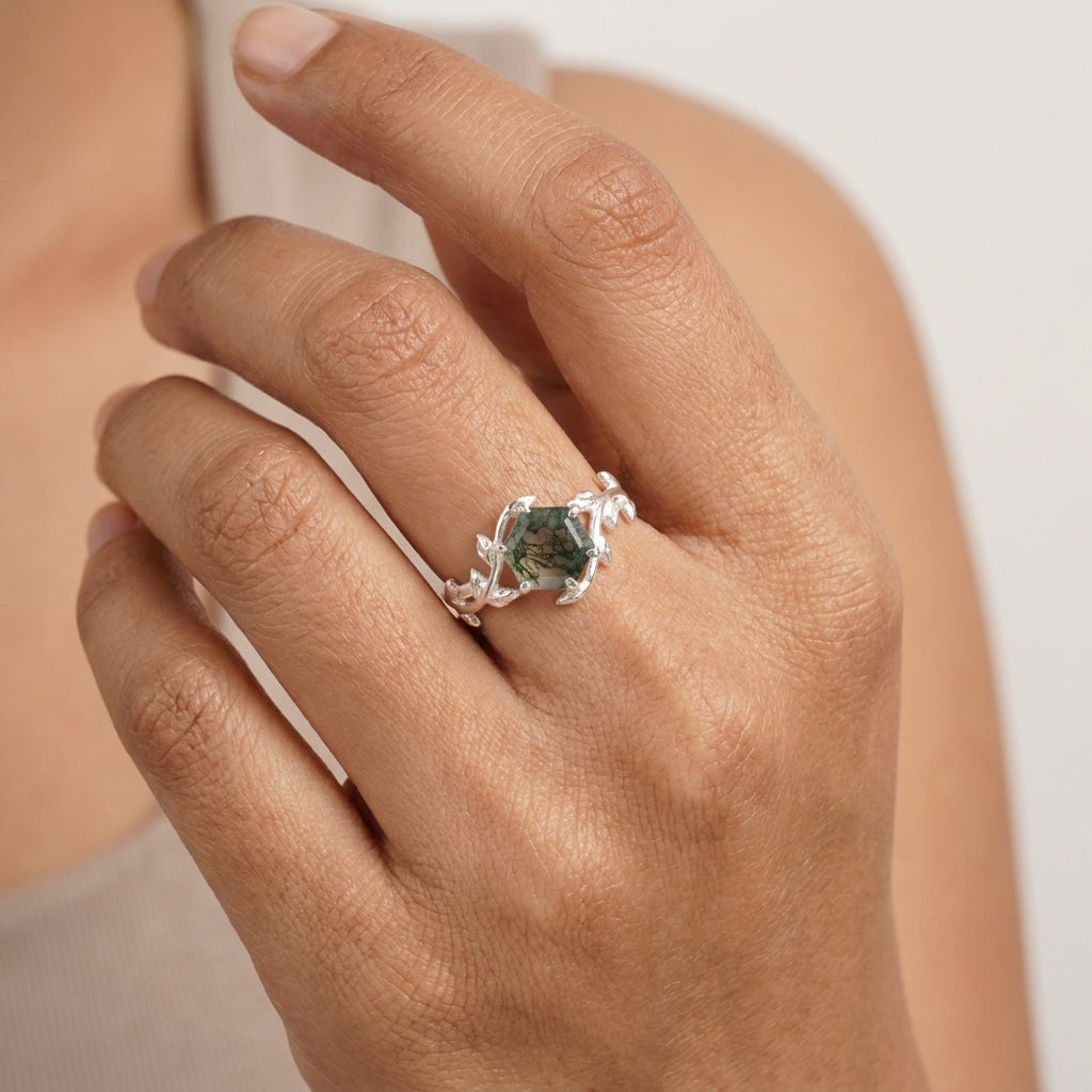 Moss Agate Leaf Hexagon Engagement Ring
