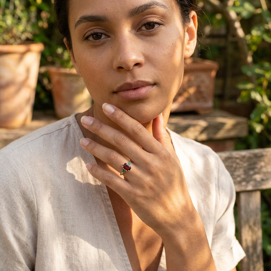 Hexagon Cut Red Garnet Gemstone Cluster Ring