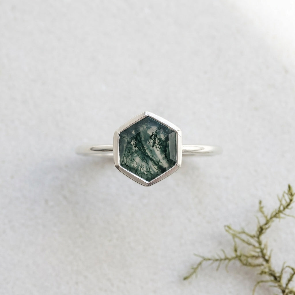 Hexagon Cut Moss Agate Bezel Set Engagement Ring