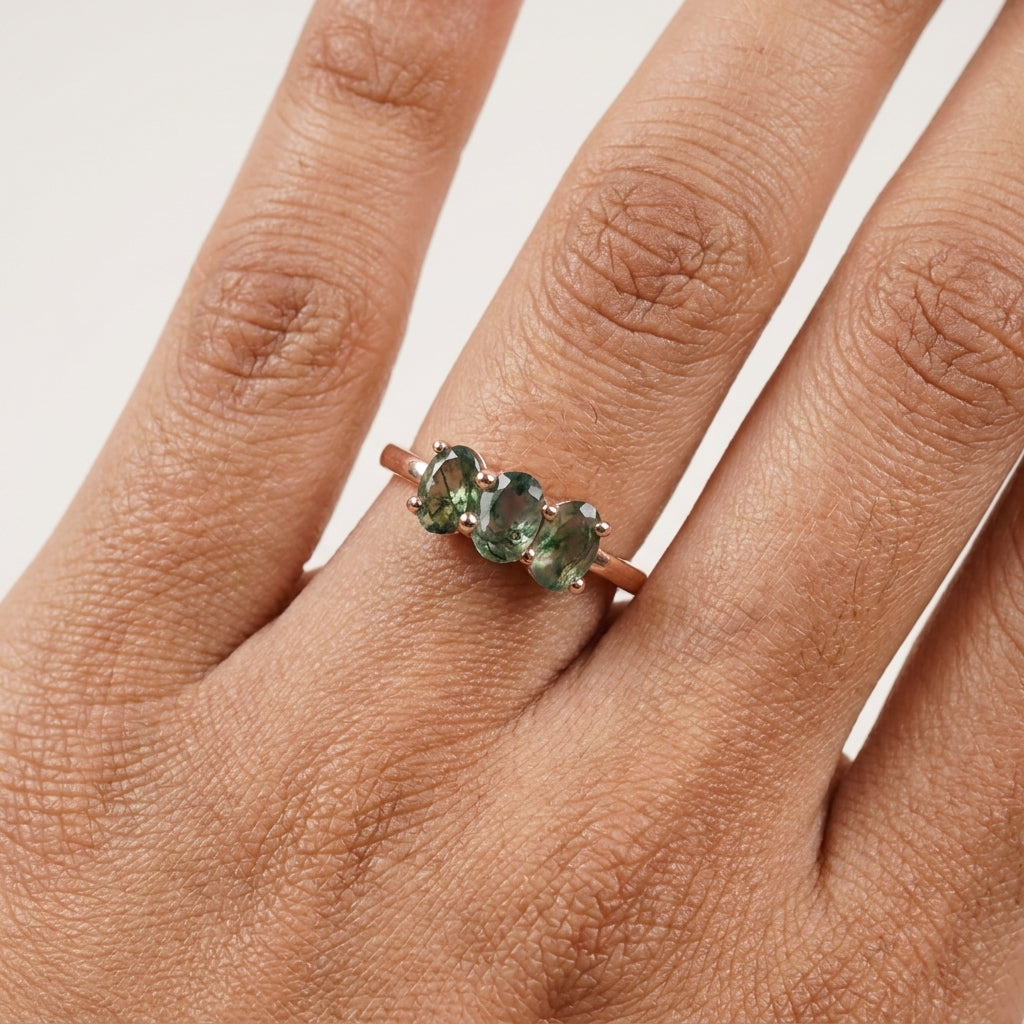 Oval Moss Agate Stacking Ring Three Stone Ring