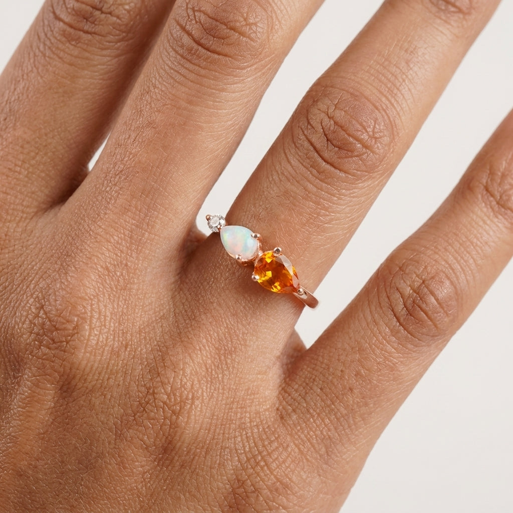 Pear Citrine Gemstone Three Stone Opal Cluster Wedding Ring