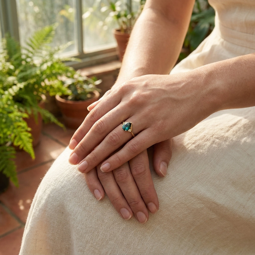 Green Emerald & Diamond Engagement Ring
