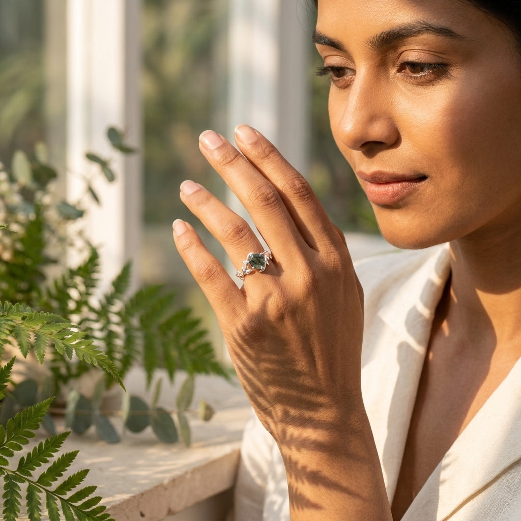 Moss Agate Leaf Hexagon Engagement Ring