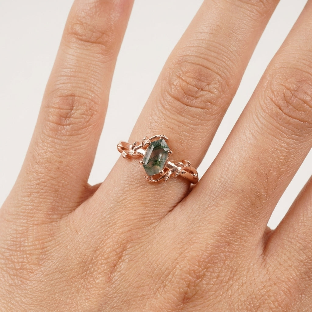 Long Hexagon Cut Moss Agate Leaf Solitaire Ring
