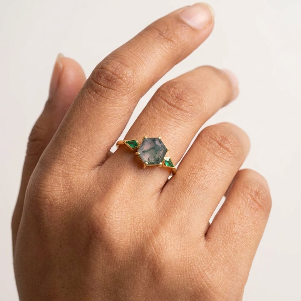 Kite Emerald Moss Agate Hexagon Engagement Ring