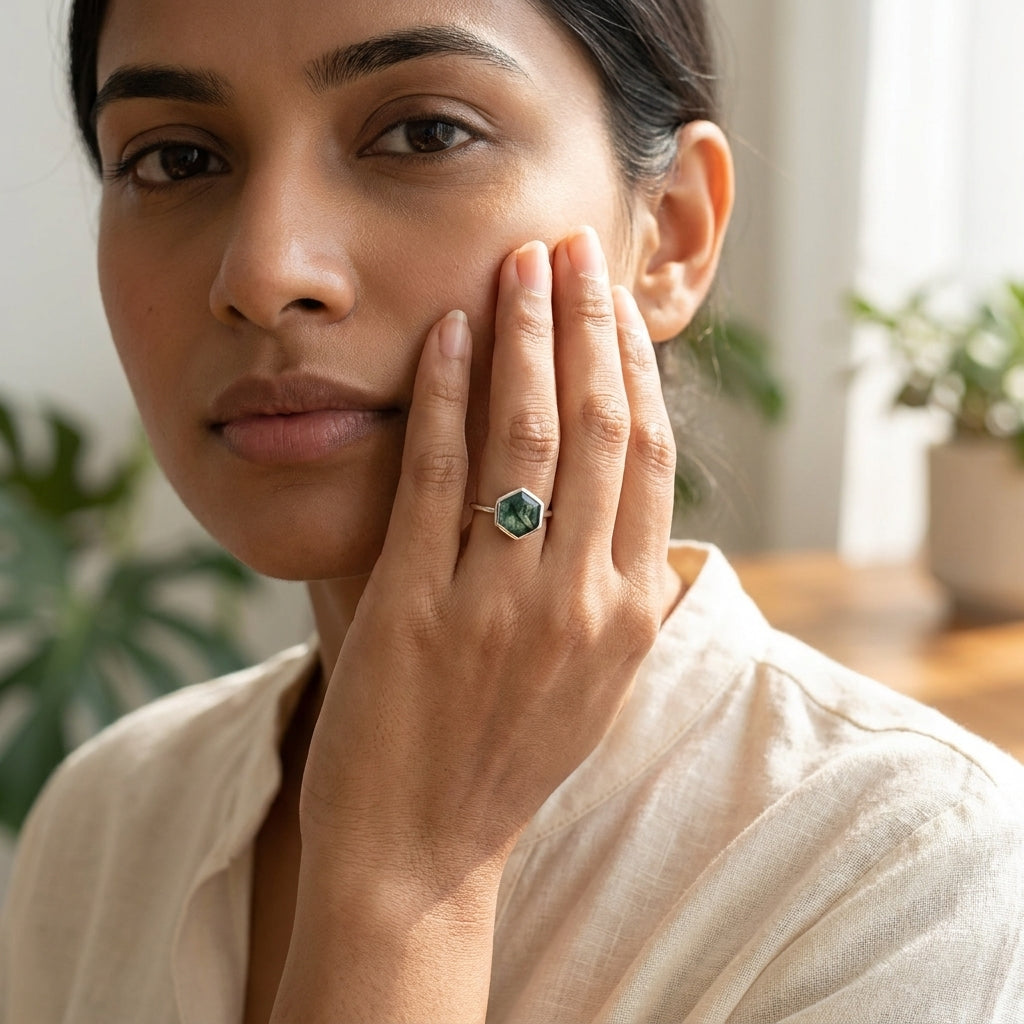 Hexagon Cut Moss Agate Bezel Set Engagement Ring