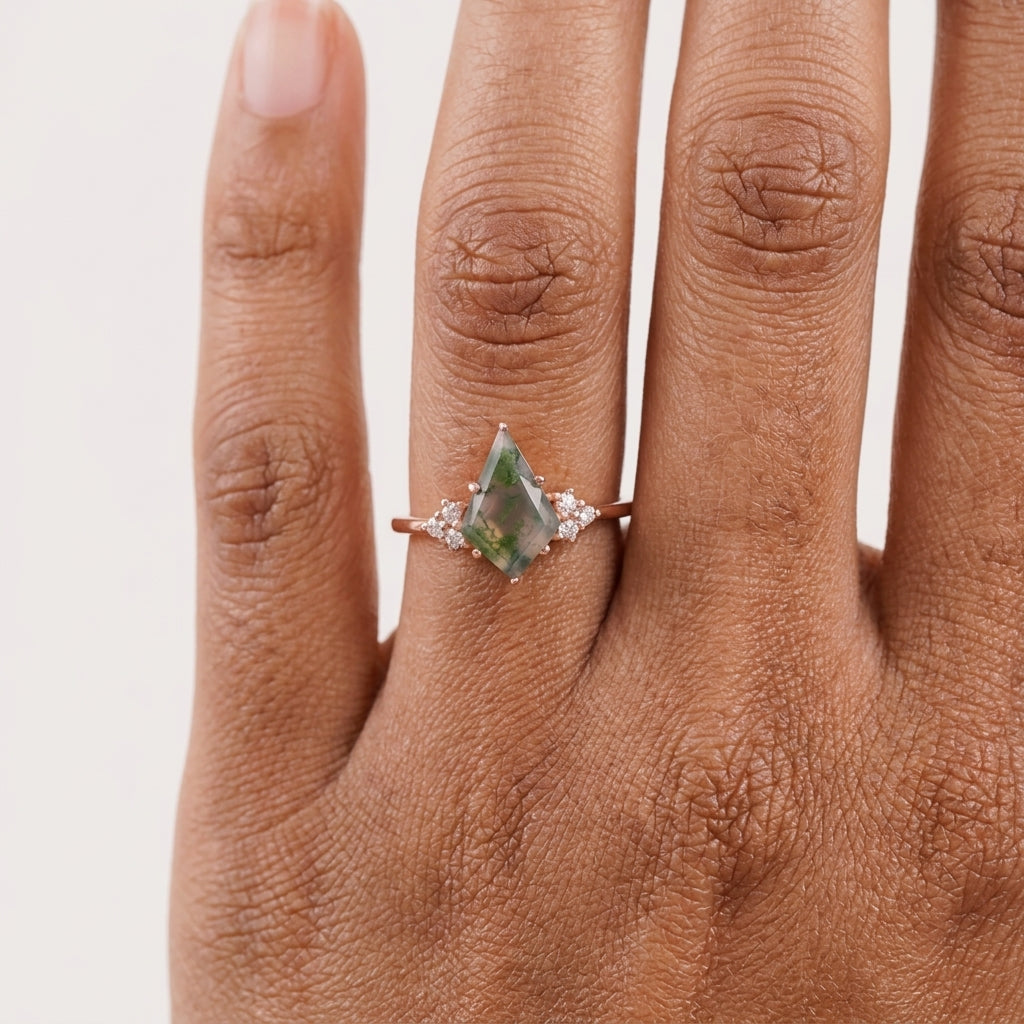 Kite Shaped Moss Agate Engagement Ring