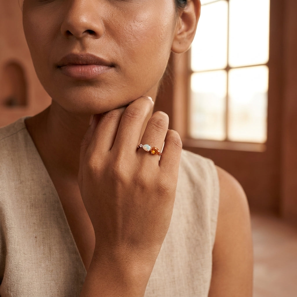 Pear Citrine Gemstone Three Stone Opal Cluster Wedding Ring