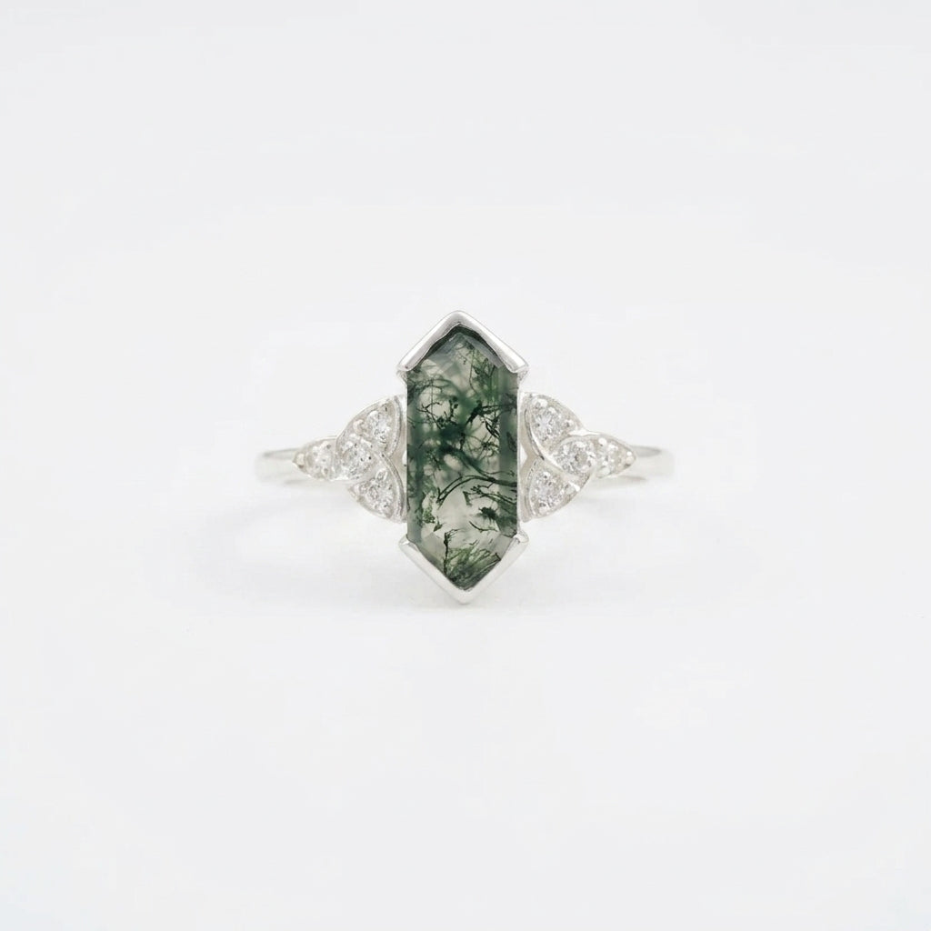 Moss Agate Hexagon Engagement Ring