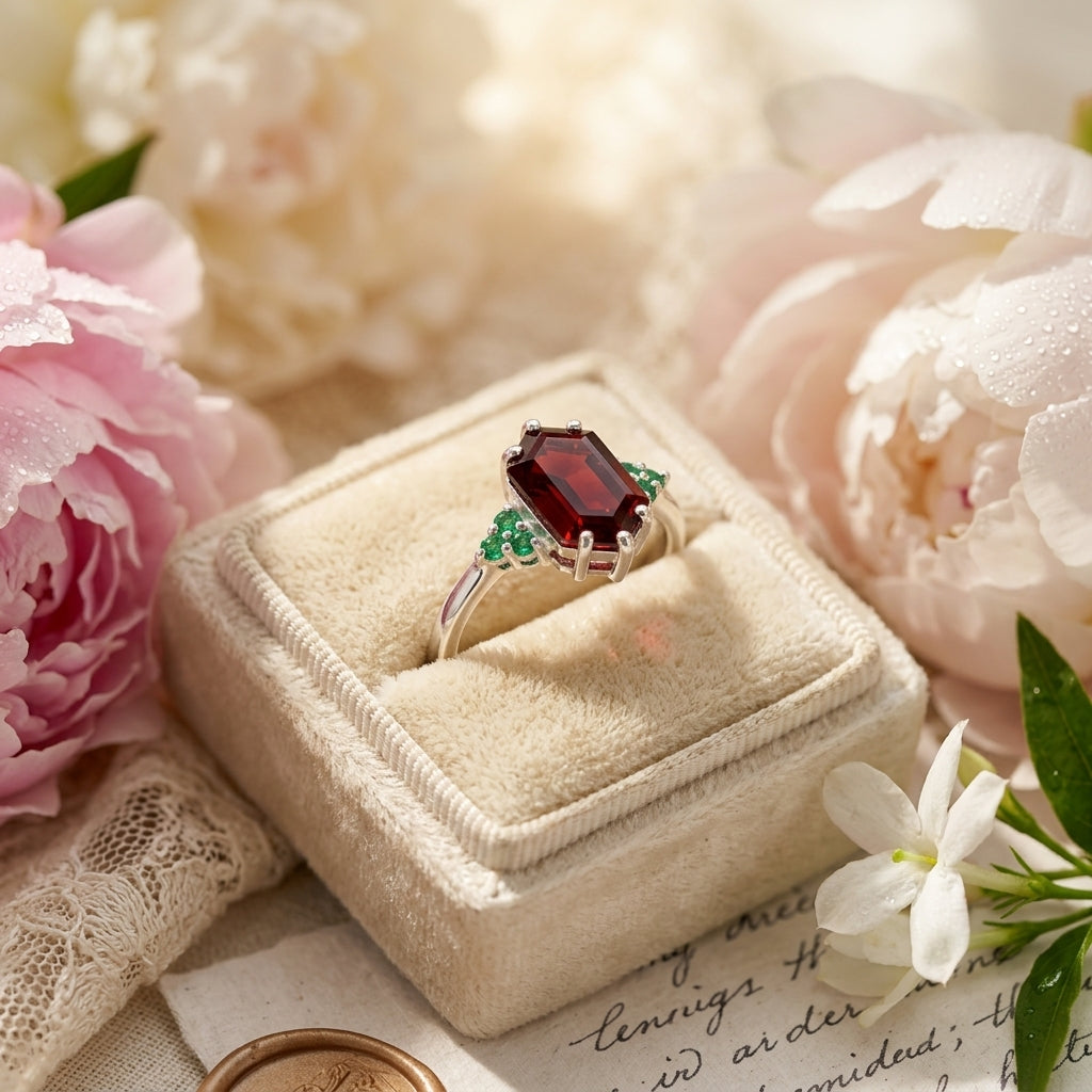Hexagon Cut Red Garnet Gemstone Cluster Ring