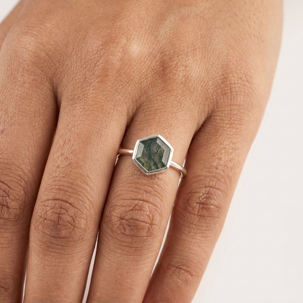 Hexagon Cut Moss Agate Bezel Set Engagement Ring