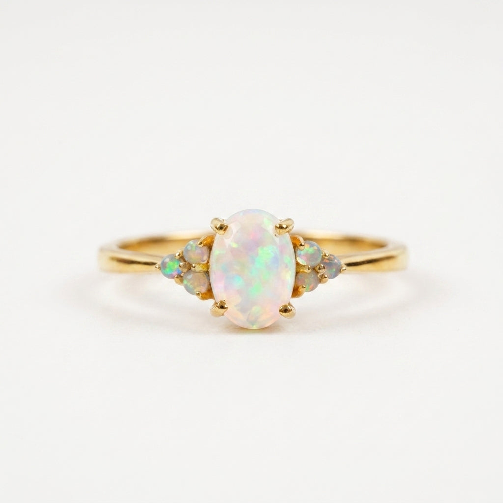 White Opal Oval Cut Engagement Ring October Birthstone
