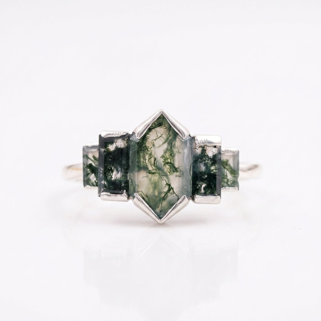 Bezel Set Moss Agate Hexagon Engagement Ring
