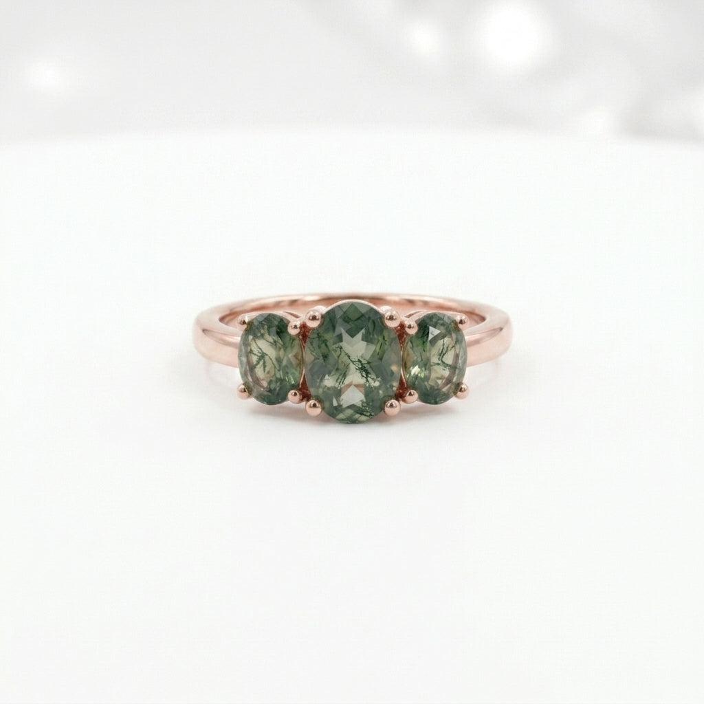 Oval Moss Agate Stacking Ring Three Stone Ring