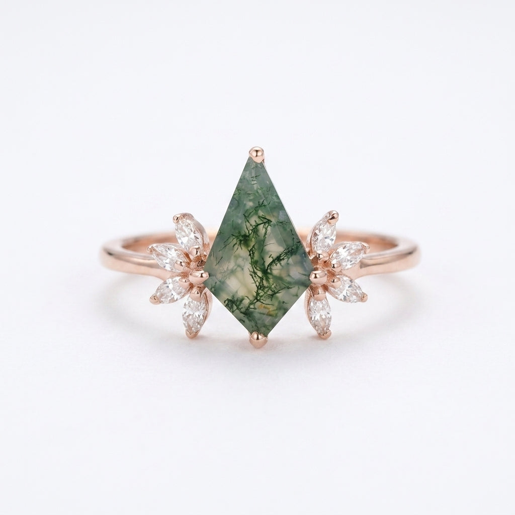 Kite Shaped Moss Agate Marquise Diamond Engagement Ring
