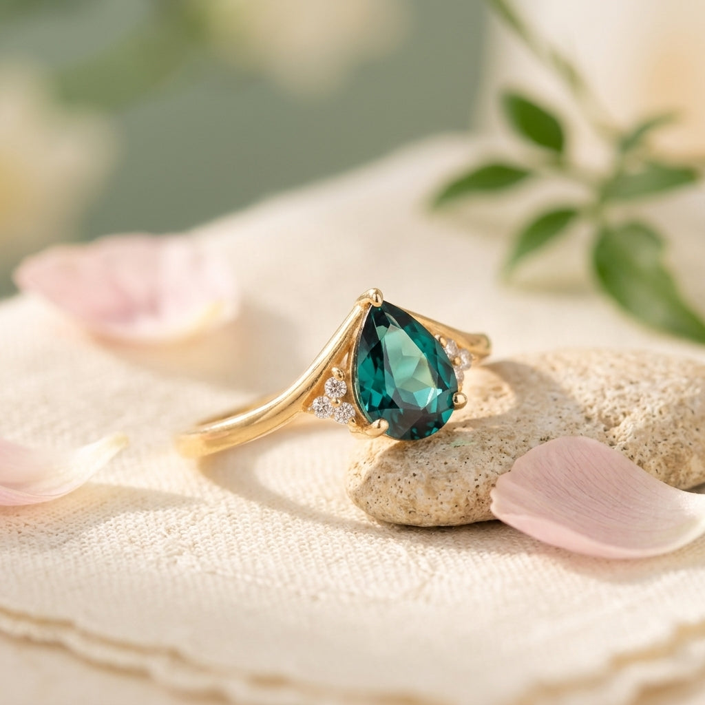 Green Emerald & Diamond Engagement Ring