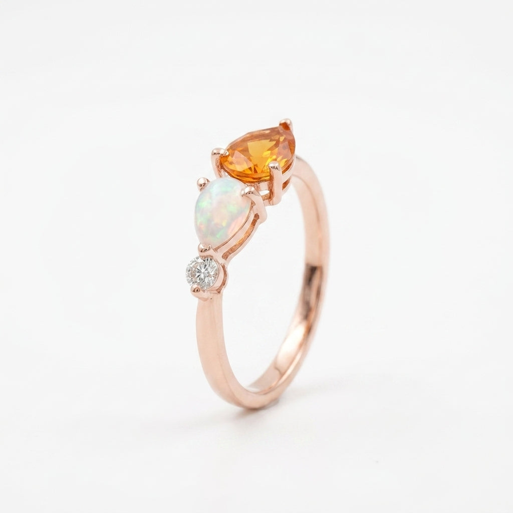 Pear Citrine Gemstone Three Stone Opal Cluster Wedding Ring