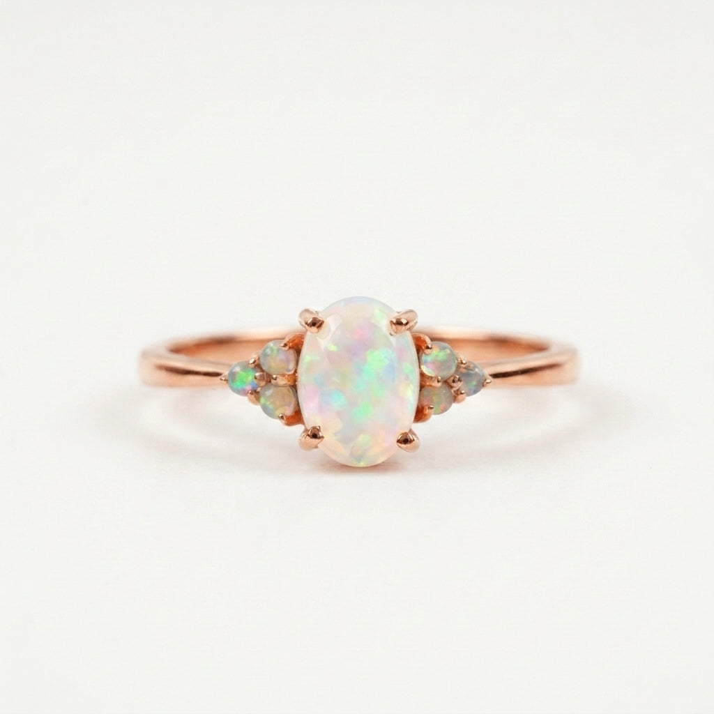 White Opal Oval Cut Engagement Ring October Birthstone