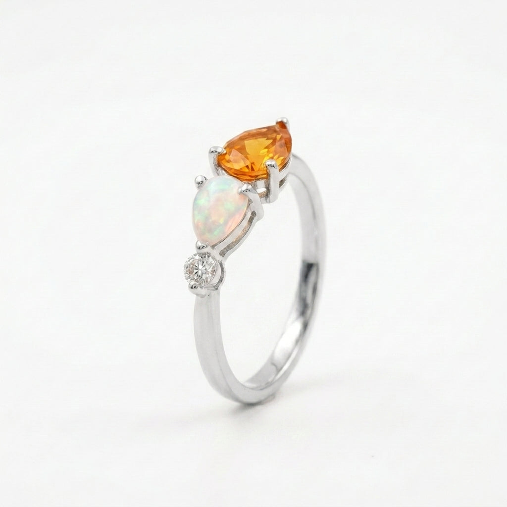 Pear Citrine Gemstone Three Stone Opal Cluster Wedding Ring