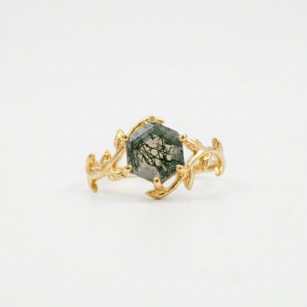 Moss Agate Leaf Hexagon Engagement Ring