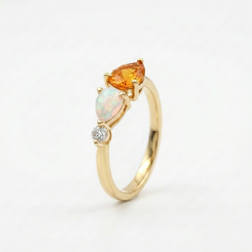Pear Citrine Gemstone Three Stone Opal Cluster Wedding Ring