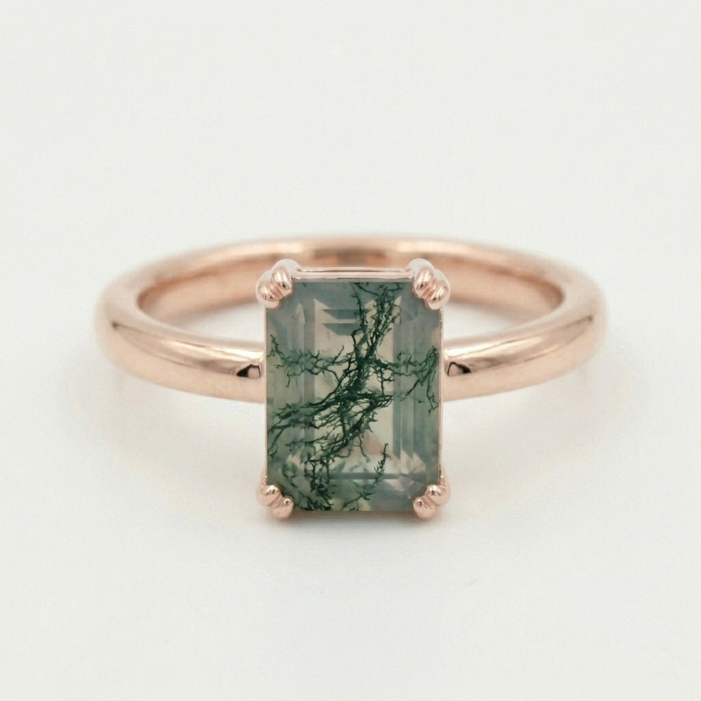 Emerald Cut Moss Agate Solitaire Ring