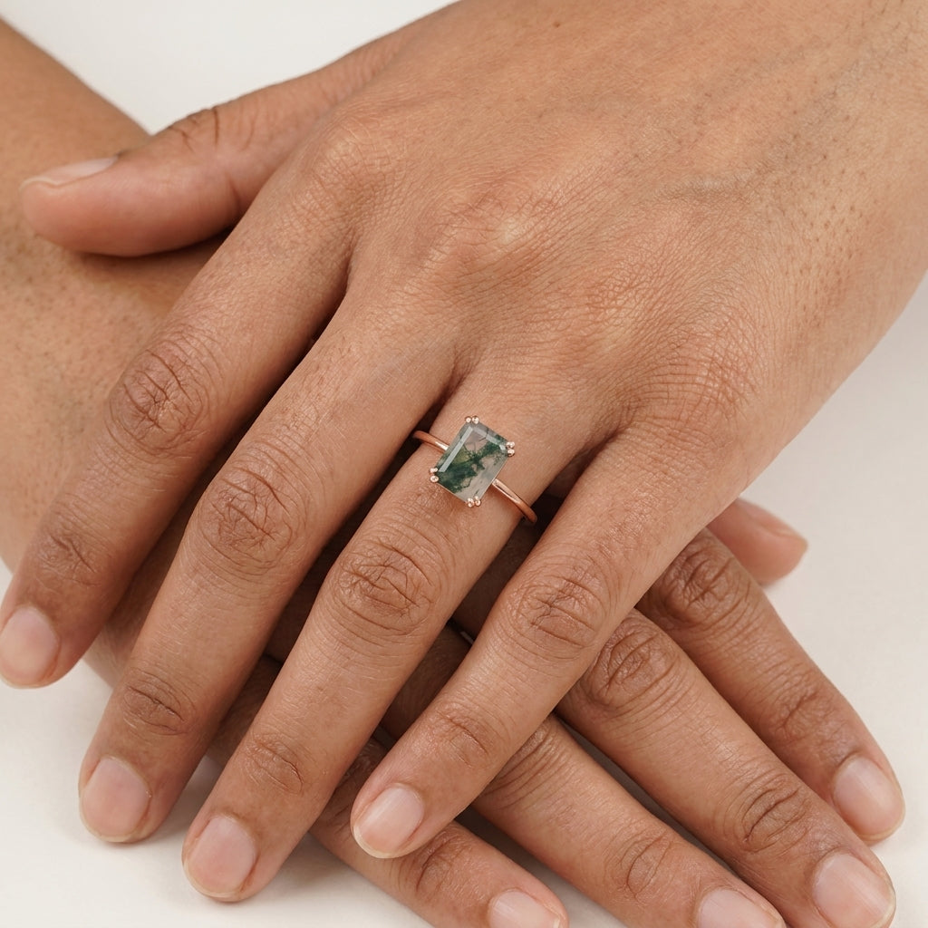 Emerald Cut Moss Agate Solitaire Ring