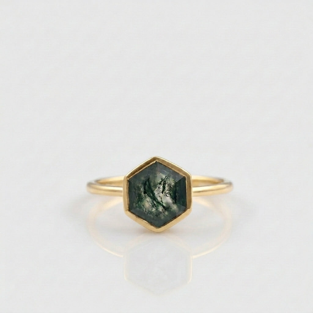 Hexagon Cut Moss Agate Bezel Set Engagement Ring