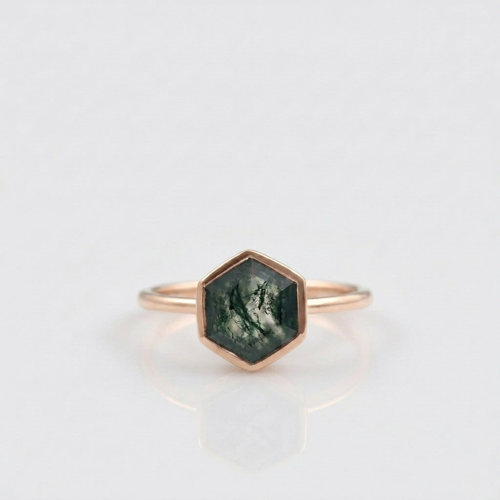 Hexagon Cut Moss Agate Bezel Set Engagement Ring
