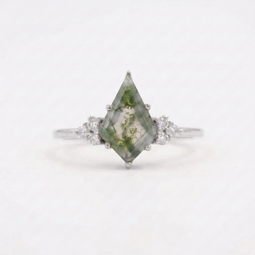 Kite Shaped Moss Agate Engagement Ring