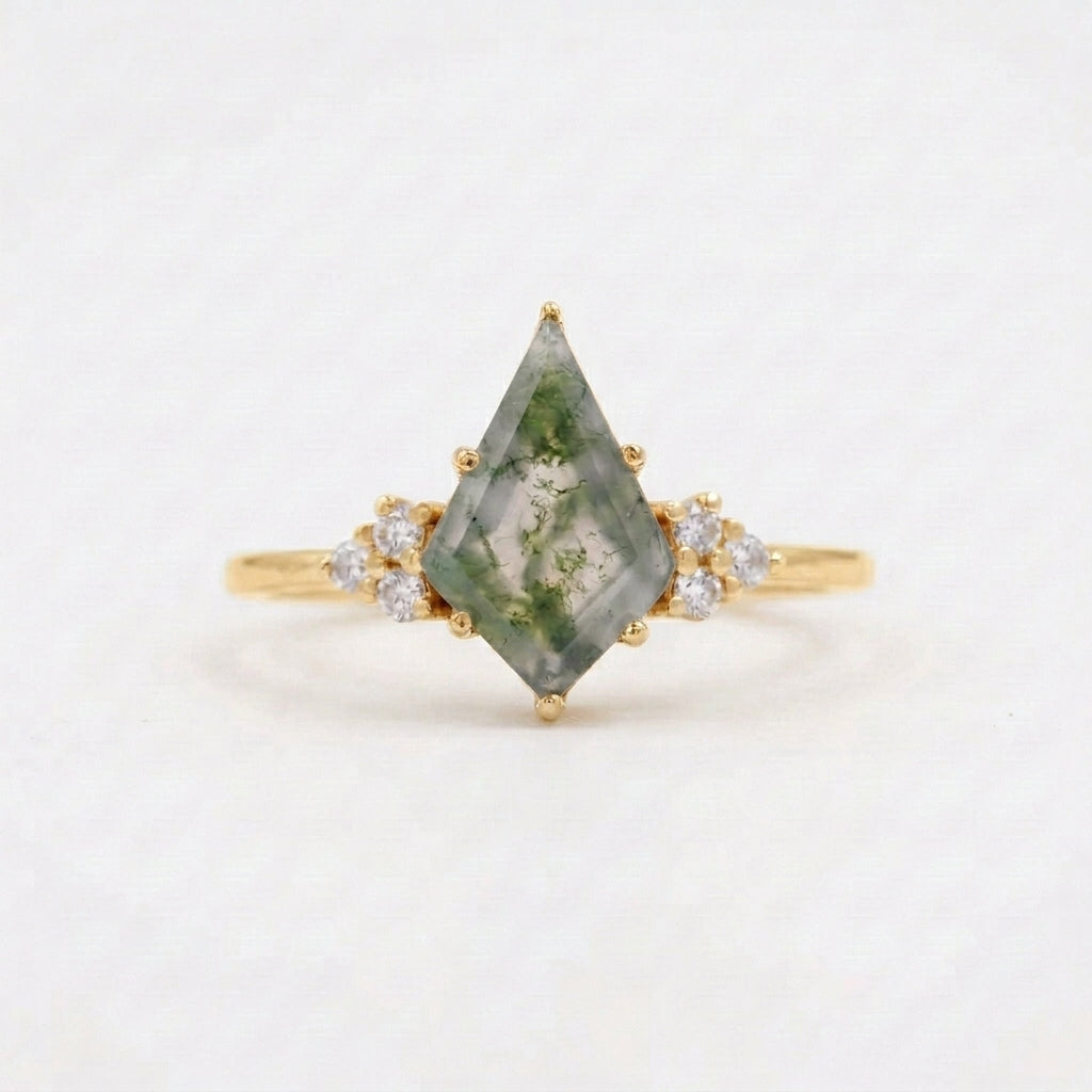 Kite Shaped Moss Agate Engagement Ring
