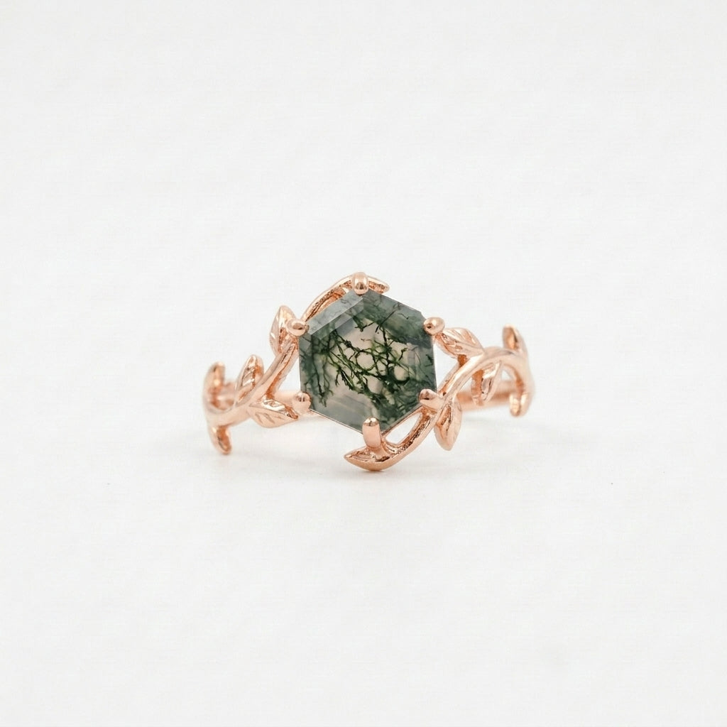 Moss Agate Leaf Hexagon Engagement Ring