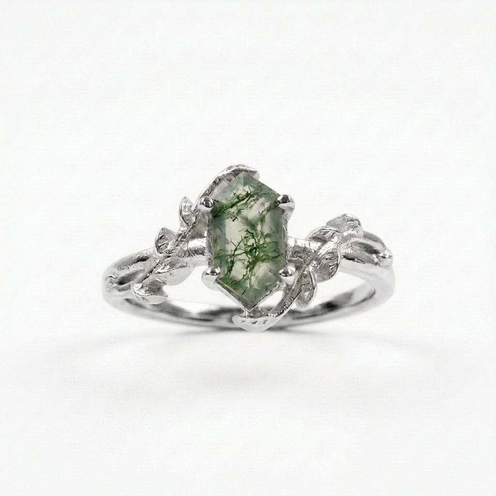 Long Hexagon Cut Moss Agate Leaf Solitaire Ring