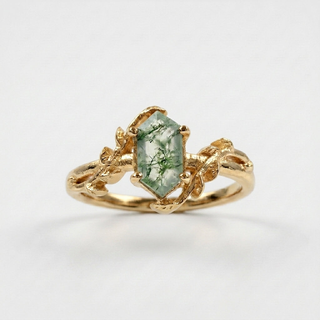 Long Hexagon Cut Moss Agate Leaf Solitaire Ring