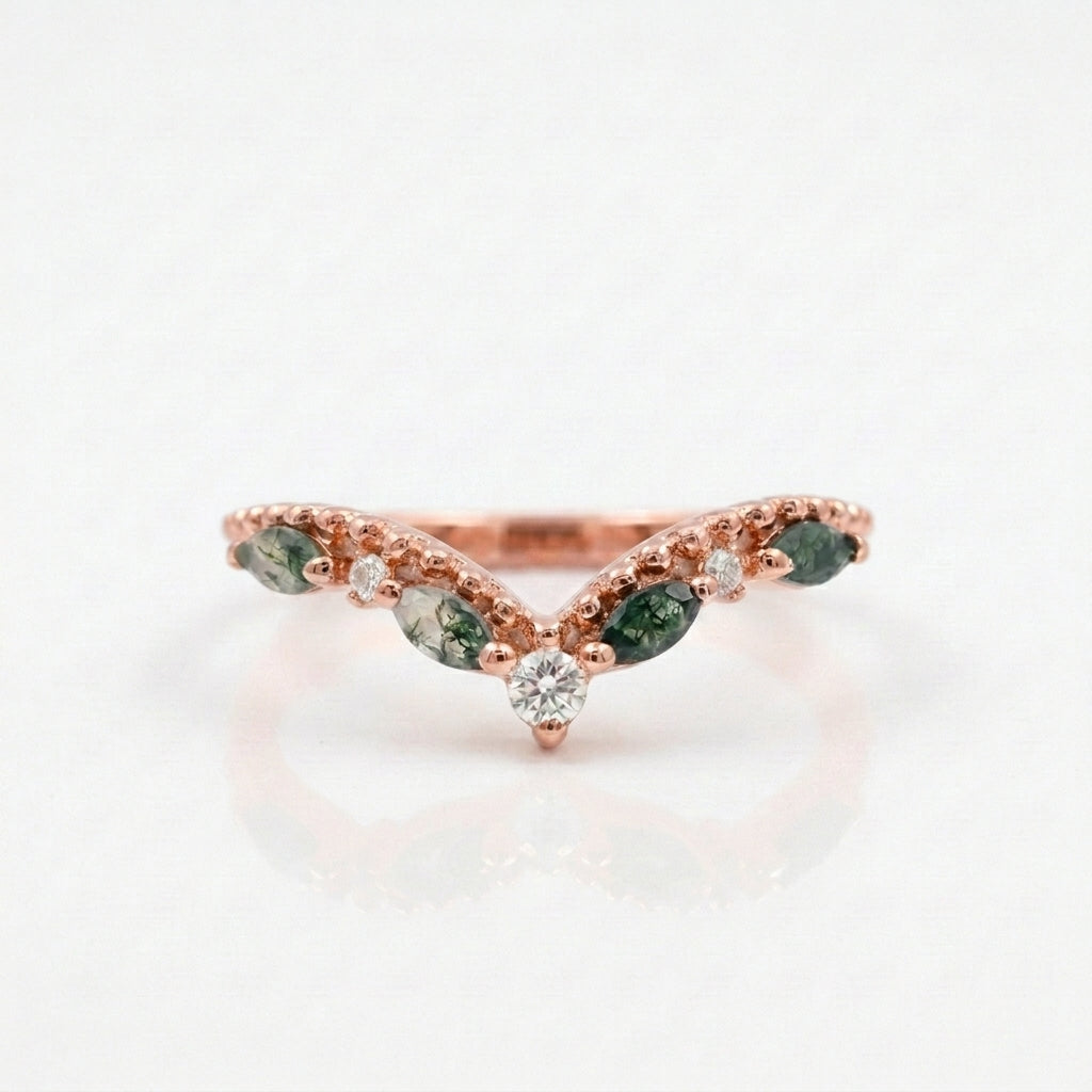 Marquise Moss Agate Wedding Band 925 Sterling Silver Ring