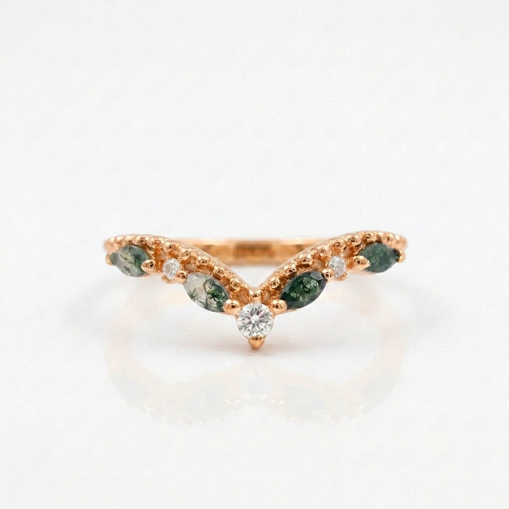 Marquise Moss Agate Wedding Band 925 Sterling Silver Ring