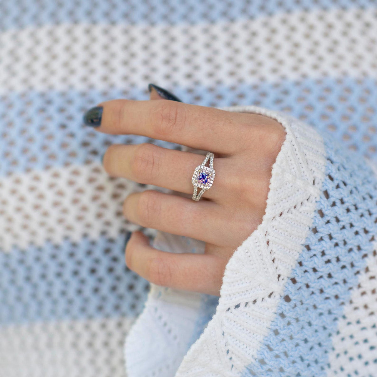 Split Shank Halo Alexandrite Engagement Ring in Sterling Silver